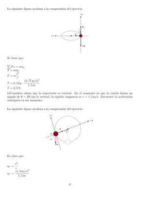 La siguiente ﬁgura ayudará a la comprensión del ejercicio:
Se tiene que:
Fx = maC
T = maC
T = m
v2
r
T = 0, 5 kg ·
(2, 77 m/s)2
1, 5 m
T = 2, 5 N
b)Considere ahora que la trayectoria es vertical. En el momento en que la cuerda forma un
ángulo de θ = 20°con la vertical, la rapidez tangencia es v = 1, 5 m/s. Encuentre la aceleración
centrípeta en ese momento.
La siguiente ﬁgura ayudará a la comprensión del ejercicio:
Es claro que:
aC =
v2
r
aC =
(1, 5 m/s)2
1, 5 m
57
 