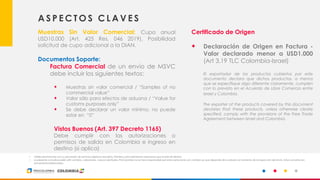 12
A S P E C T O S C L A V E S
Muestras Sin Valor Comercial: Cupo anual
USD10.000 (Art. 425 Res. 046 2019). Posibilidad
solicitud de cupo adicional a la DIAN.
Documentos Soporte:
Factura Comercial de un envío de MSVC
debe incluir los siguientes textos:
Muestras sin valor comercial / “Samples of no
commercial value”
Valor sólo para efectos de aduana / “Value for
customs purposes only”
Se debe declarar un valor mínimo, no puede
estar en “0”
Vistos Buenos (Art. 397 Decreto 1165)
Debe cumplir con las autorizaciones o
permisos de salida en Colombia e ingreso en
destino (si aplica)
Certificado de Origen
Declaración de Origen en Factura -
Valor declarado menor a USD1.000
(Art 3.19 TLC Colombia-Israel)
El exportador de los productos cubiertos por este
documento declara que dichos productos, a menos
que se especifique algo diferente claramente, cumplen
con lo previsto en el Acuerdo de Libre Comercio entre
Israel y Colombia.
The exporter of the products covered by this document
declares that these products, unless otherwise clearly
specified, comply with the provisions of the Free Trade
Agreement between Israel and Colombia.
• Valide previamente con su proveedor de servicios logísticos requisitos, trámites y procedimientos aduaneros que el país de destino.
• La presente consulta puede sufrir cambios, variaciones, nuevas solicitudes. ProColombia no se hace responsable por estas variaciones y/o cambios ya que depende de la aduana al momento de la inspección del envío. Estas consultas son
únicamente referenciales.
 