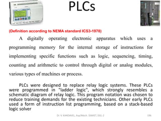 PLCs
(Definition according to NEMA standard ICS3-1978)
A digitally operating electronic apparatus which uses a
programming memory for the internal storage of instructions for
implementing specific functions such as logic, sequencing, timing,
counting and arithmetic to control through digital or analog modules,
various types of machines or process.
PLCs were designed to replace relay logic systems. These PLCs
were programmed in "ladder logic", which strongly resembles a
schematic diagram of relay logic. This program notation was chosen to
reduce training demands for the existing technicians. Other early PLCs
used a form of instruction list programming, based on a stack-based
logic solver
196Dr. V. KANDAVEL, Asp/Mech. SSMIET, DGL-2
 
