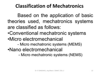 Classification of Mechatronics
Dr. V. KANDAVEL, Asp/Mech. SSMIET, DGL-2 22
Based on the application of basic
theories used, mechatronics systems
are classified as follows:
•Conventional mechatronic systems
•Micro electromechanical
- Micro mechatronic systems (MEMS)
•Nano electromechanical
- Micro mechatronic systems (NEMS)
 