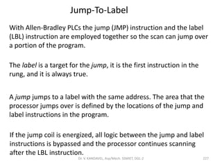 Jump-To-Label
With Allen-Bradley PLCs the jump (JMP) instruction and the label
(LBL) instruction are employed together so the scan can jump over
a portion of the program.
The label is a target for the jump, it is the first instruction in the
rung, and it is always true.
A jump jumps to a label with the same address. The area that the
processor jumps over is defined by the locations of the jump and
label instructions in the program.
If the jump coil is energized, all logic between the jump and label
instructions is bypassed and the processor continues scanning
after the LBL instruction.
227Dr. V. KANDAVEL, Asp/Mech. SSMIET, DGL-2
 