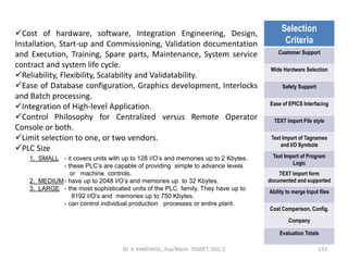 Dr. V. KANDAVEL, Asp/Mech. SSMIET, DGL-2 233
Cost of hardware, software, Integration Engineering, Design,
Installation, Start-up and Commissioning, Validation documentation
and Execution, Training, Spare parts, Maintenance, System service
contract and system life cycle.
Reliability, Flexibility, Scalability and Validatability.
Ease of Database configuration, Graphics development, Interlocks
and Batch processing.
Integration of High-level Application.
Control Philosophy for Centralized versus Remote Operator
Console or both.
Limit selection to one, or two vendors.
PLC Size
Selection
Criteria
Customer Support
Wide Hardware Selection
Safety Support
Ease of EPICS Interfacing
TEXT import File style
Text Import of Tagnames
and I/O Symbols
Text Import of Program
Logic
TEXT import form
documented and supported
Ability to merge Input files
Cost Comparison, Config.
Company
Evaluation Totals
1. SMALL - it covers units with up to 128 I/O’s and memories up to 2 Kbytes.
- these PLC’s are capable of providing simple to advance levels
or machine controls.
2. MEDIUM- have up to 2048 I/O’s and memories up to 32 Kbytes.
3. LARGE - the most sophisticated units of the PLC family. They have up to
8192 I/O’s and memories up to 750 Kbytes.
- can control individual production processes or entire plant.
 