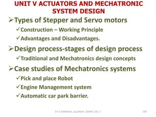 UNIT V ACTUATORS AND MECHATRONIC
SYSTEM DESIGN
Types of Stepper and Servo motors
Construction – Working Principle
Advantages and Disadvantages.
Design process-stages of design process
Traditional and Mechatronics design concepts
Case studies of Mechatronics systems
Pick and place Robot
Engine Management system
Automatic car park barrier.
238Dr. V. KANDAVEL, Asp/Mech. SSMIET, DGL-2
 