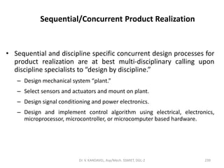 Sequential/Concurrent Product Realization
• Sequential and discipline specific concurrent design processes for
product realization are at best multi-disciplinary calling upon
discipline specialists to “design by discipline.”
– Design mechanical system “plant.”
– Select sensors and actuators and mount on plant.
– Design signal conditioning and power electronics.
– Design and implement control algorithm using electrical, electronics,
microprocessor, microcontroller, or microcomputer based hardware.
239Dr. V. KANDAVEL, Asp/Mech. SSMIET, DGL-2
 