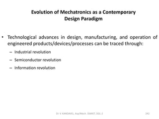 Evolution of Mechatronics as a Contemporary
Design Paradigm
• Technological advances in design, manufacturing, and operation of
engineered products/devices/processes can be traced through:
– Industrial revolution
– Semiconductor revolution
– Information revolution
242Dr. V. KANDAVEL, Asp/Mech. SSMIET, DGL-2
 