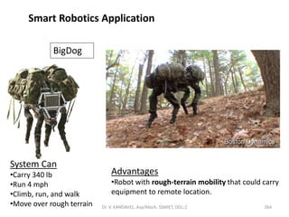 Smart Robotics Application
System Can
•Carry 340 lb
•Run 4 mph
•Climb, run, and walk
•Move over rough terrain
BigDog
Advantages
•Robot with rough-terrain mobility that could carry
equipment to remote location.
264Dr. V. KANDAVEL, Asp/Mech. SSMIET, DGL-2
 