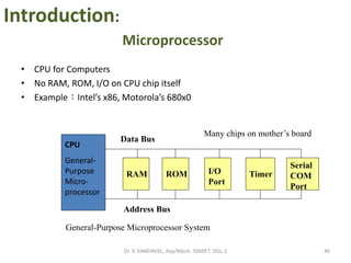 CPU
General-
Purpose
Micro-
processor
RAM ROM I/O
Port
Timer
Serial
COM
Port
Data Bus
Address Bus
General-Purpose Microprocessor System
• CPU for Computers
• No RAM, ROM, I/O on CPU chip itself
• Example：Intel’s x86, Motorola’s 680x0
Many chips on mother’s board
Microprocessor
46Dr. V. KANDAVEL, Asp/Mech. SSMIET, DGL-2
Introduction:
 