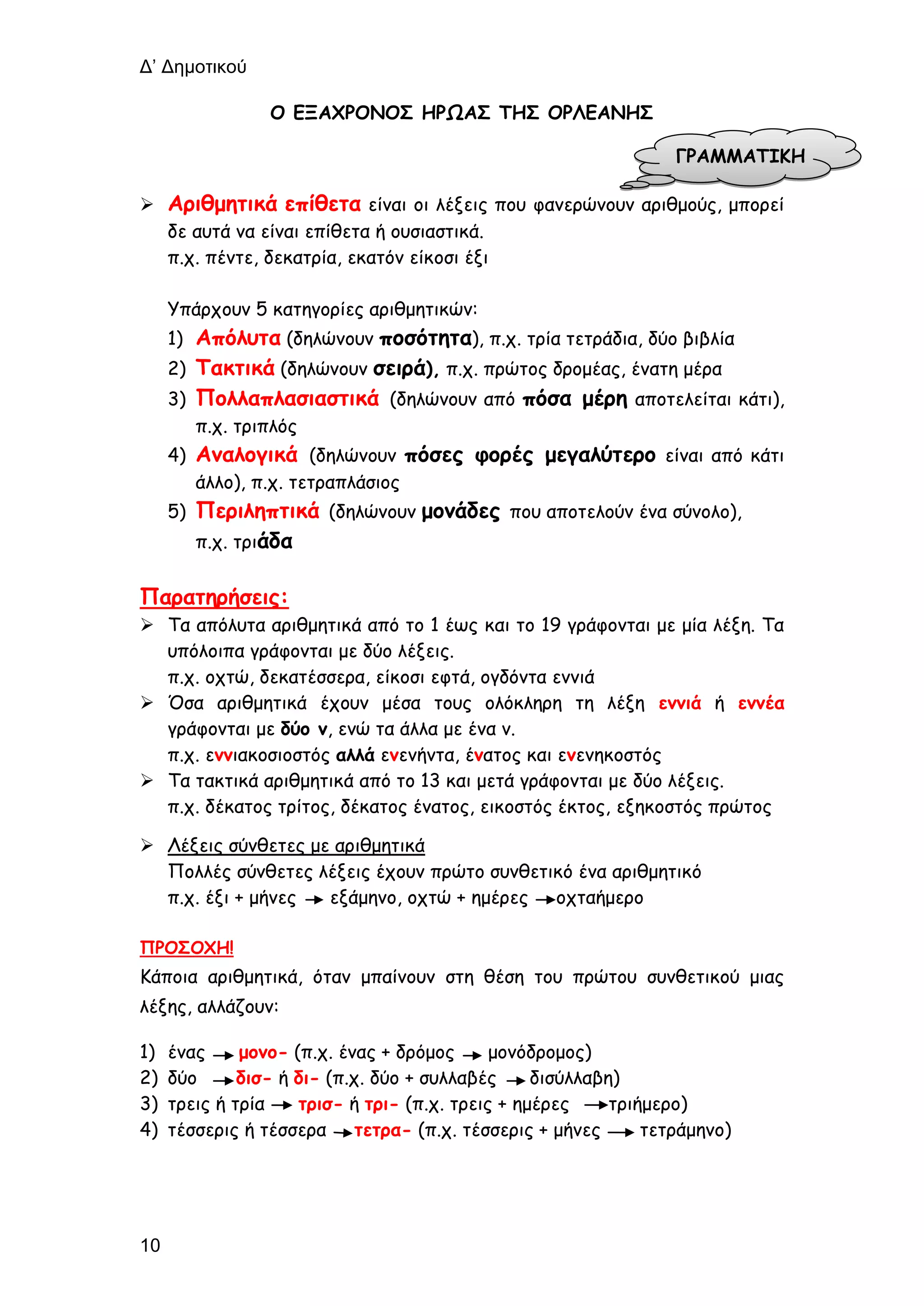 Δ’ Δημοτικού
10
Ο ΕΞΑΧΡΟΝΟΣ ΗΡΩΑΣ ΤΗΣ ΟΡΛΕΑΝΗΣ
 Αριθμητικά επίθετα είναι οι λέξεις που φανερώνουν αριθμούς, μπορεί
δε αυτά να είναι επίθετα ή ουσιαστικά.
π.χ. πέντε, δεκατρία, εκατόν είκοσι έξι
Υπάρχουν 5 κατηγορίες αριθμητικών:
1) Απόλυτα (δηλώνουν ποσότητα), π.χ. τρία τετράδια, δύο βιβλία
2) Τακτικά (δηλώνουν σειρά), π.χ. πρώτος δρομέας, ένατη μέρα
3) Πολλαπλασιαστικά (δηλώνουν από πόσα μέρη αποτελείται κάτι),
π.χ. τριπλός
4) Αναλογικά (δηλώνουν πόσες φορές μεγαλύτερο είναι από κάτι
άλλο), π.χ. τετραπλάσιος
5) Περιληπτικά (δηλώνουν μονάδες που αποτελούν ένα σύνολο),
π.χ. τριάδα
Παρατηρήσεις:
 Τα απόλυτα αριθμητικά από το 1 έως και το 19 γράφονται με μία λέξη. Τα
υπόλοιπα γράφονται με δύο λέξεις.
π.χ. οχτώ, δεκατέσσερα, είκοσι εφτά, ογδόντα εννιά
 Όσα αριθμητικά έχουν μέσα τους ολόκληρη τη λέξη εννιά ή εννέα
γράφονται με δύο ν, ενώ τα άλλα με ένα ν.
π.χ. εννιακοσιοστός αλλά ενενήντα, ένατος και ενενηκοστός
 Τα τακτικά αριθμητικά από το 13 και μετά γράφονται με δύο λέξεις.
π.χ. δέκατος τρίτος, δέκατος ένατος, εικοστός έκτος, εξηκοστός πρώτος
 Λέξεις σύνθετες με αριθμητικά
Πολλές σύνθετες λέξεις έχουν πρώτο συνθετικό ένα αριθμητικό
π.χ. έξι + μήνες εξάμηνο, οχτώ + ημέρες οχταήμερο
ΠΡΟΣΟΧΗ!
Κάποια αριθμητικά, όταν μπαίνουν στη θέση του πρώτου συνθετικού μιας
λέξης, αλλάζουν:
1) ένας μονο- (π.χ. ένας + δρόμος μονόδρομος)
2) δύο δισ- ή δι- (π.χ. δύο + συλλαβές δισύλλαβη)
3) τρεις ή τρία τρισ- ή τρι- (π.χ. τρεις + ημέρες τριήμερο)
4) τέσσερις ή τέσσερα τετρα- (π.χ. τέσσερις + μήνες τετράμηνο)
ΓΡΑΜΜΑΤΙΚΗ
 