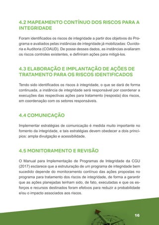 16
4.2 MAPEAMENTO CONTÍNUO DOS RISCOS PARA A
INTEGRIDADE
Foram identificados os riscos de integridade a partir dos objetivos do Pro-
grama e avaliados pelas instâncias de integridade já mobilizadas: Ouvido-
ria e Auditoria (COAUD). De posse desses dados, as instâncias avaliaram
os riscos controles existentes, e definiram ações para mitigá-los.
4.3 ELABORAÇÃO E IMPLANTAÇÃO DE AÇÕES DE
TRATAMENTO PARA OS RISCOS IDENTIFICADOS
Tendo sido identificados os riscos à integridade, o que se dará de forma
continuada, a instância de integridade será responsável por coordenar a
execuções das respectivas ações para tratamento (resposta) dos riscos,
em coordenação com os setores responsáveis.
4.4 COMUNICAÇÃO
Implementar estratégias de comunicação é medida muito importante no
fomento da integridade, e tais estratégias devem obedecer a dois princí-
pios: ampla divulgação e acessibilidade.
4.5 MONITORAMENTO E REVISÃO
O Manual para Implementação de Programas de Integridade da CGU
(2017) esclarece que a estruturação de um programa de integridade bem
sucedido depende do monitoramento contínuo das ações propostas no
programa para tratamento dos riscos de integridade, de forma a garantir
que as ações planejadas tenham sido, de fato, executadas e que os es-
forços e recursos destinados foram efetivos para reduzir a probabilidade
e/ou o impacto associados aos riscos.
 