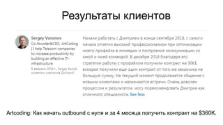 Результаты клиентов
Artcoding: Как начать outbound с нуля и за 4 месяца получить контракт на $360K.
 