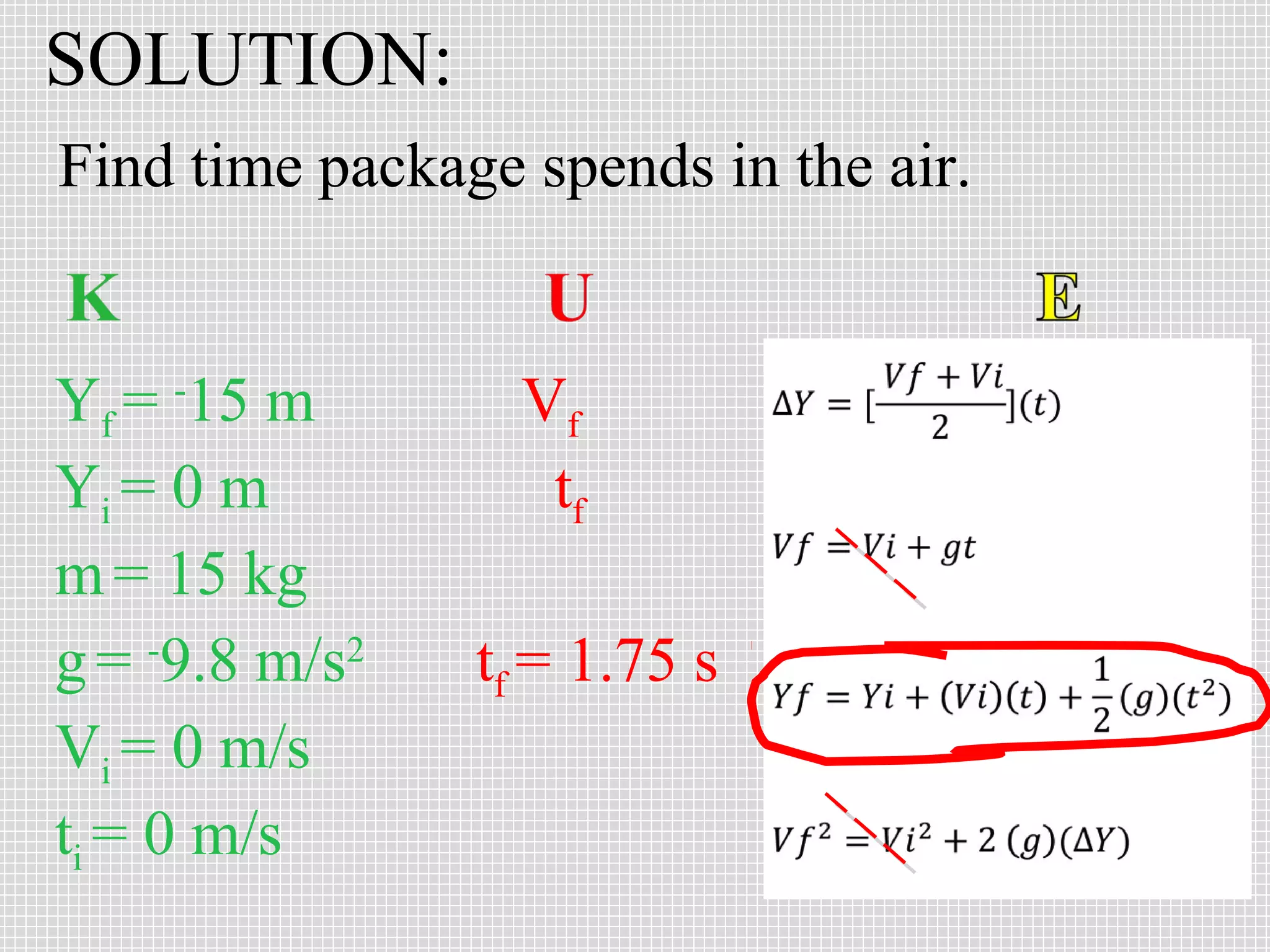 SOLUTION:
Find time package spends in the air.

Yf = -15 m
Yi = 0 m
m = 15 kg
g = -9.8 m/s2
Vi = 0 m/s
ti = 0 m/s

Vf
tf
tf = 1.75 s

 