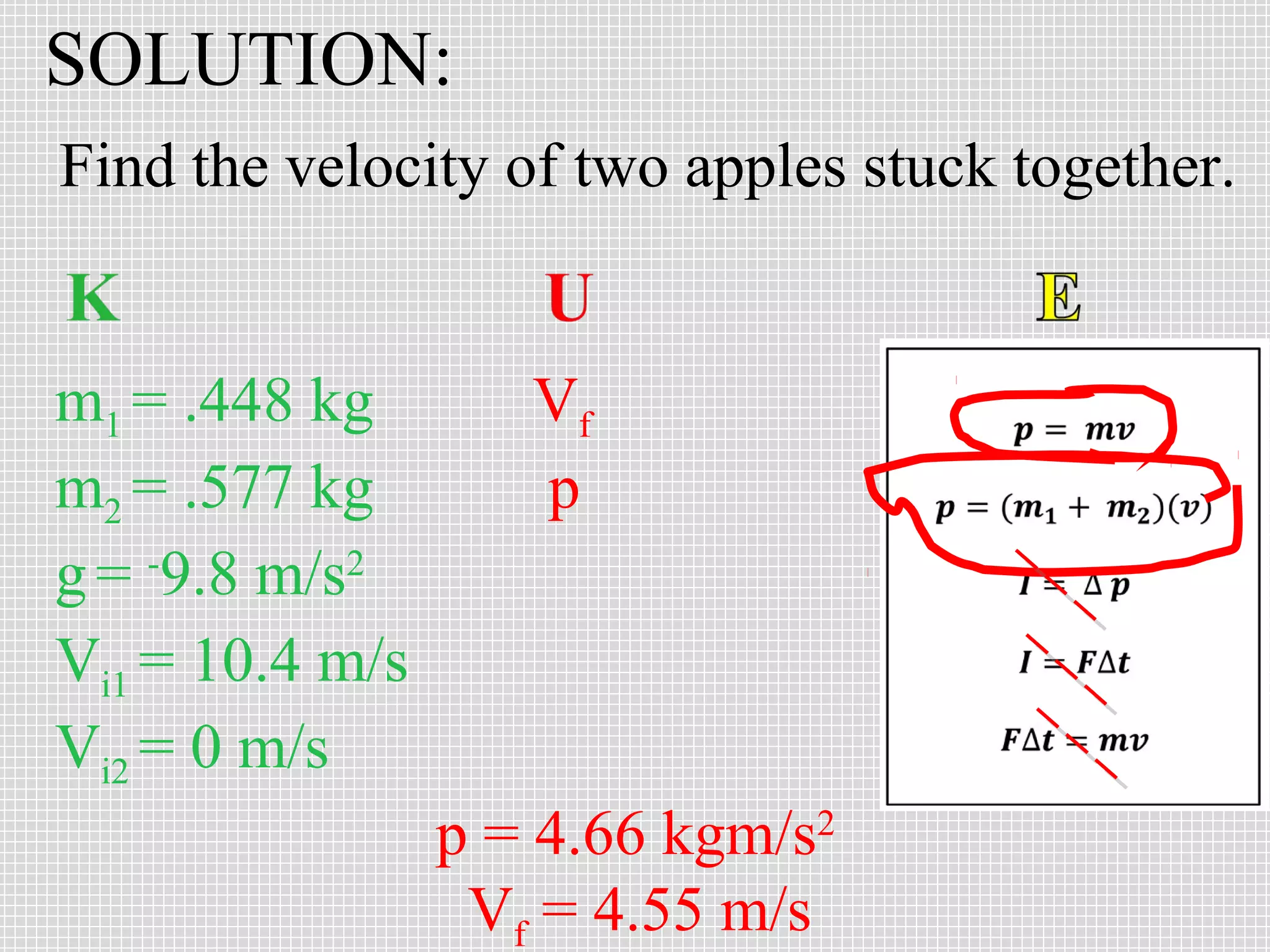 SOLUTION:
Find the velocity of two apples stuck together.

m1 = .448 kg
m2 = .577 kg
g = -9.8 m/s2
Vi1 = 10.4 m/s
Vi2 = 0 m/s

Vf
p

p = 4.66 kgm/s2
Vf = 4.55 m/s

 