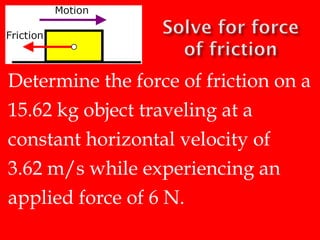 SOLUTION:
Find applied force.

m = 1315 kg
a = 3.23 m/s2

F

F = 4247.45 N (kg)(m/s )
2

 
