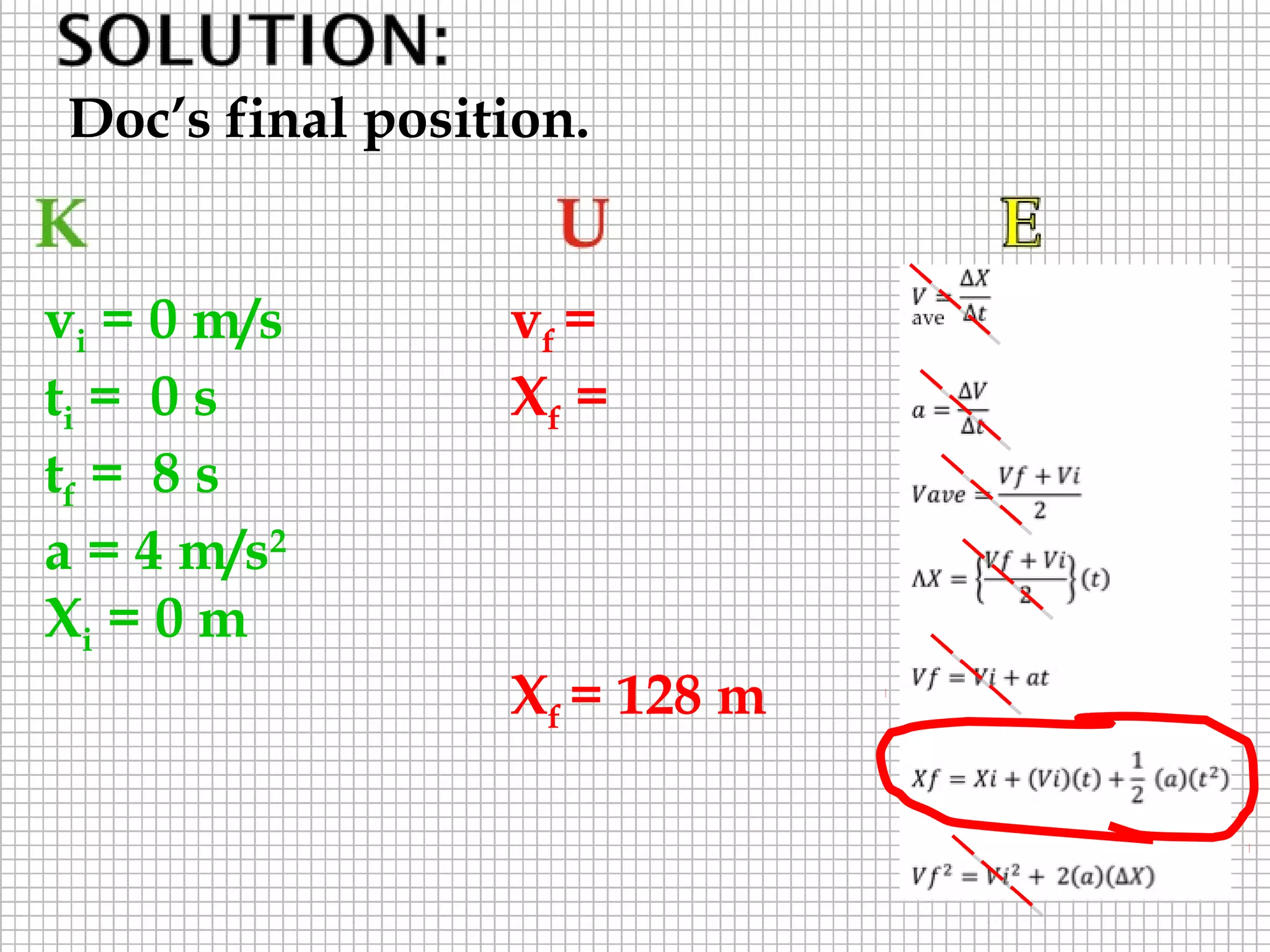 Doc’s final position.
vi = 0 m/s
ti = 0 s
tf = 8 s
a = 4 m/s2
Xi = 0 m

vf =
Xf =

Xf = 128 m

 