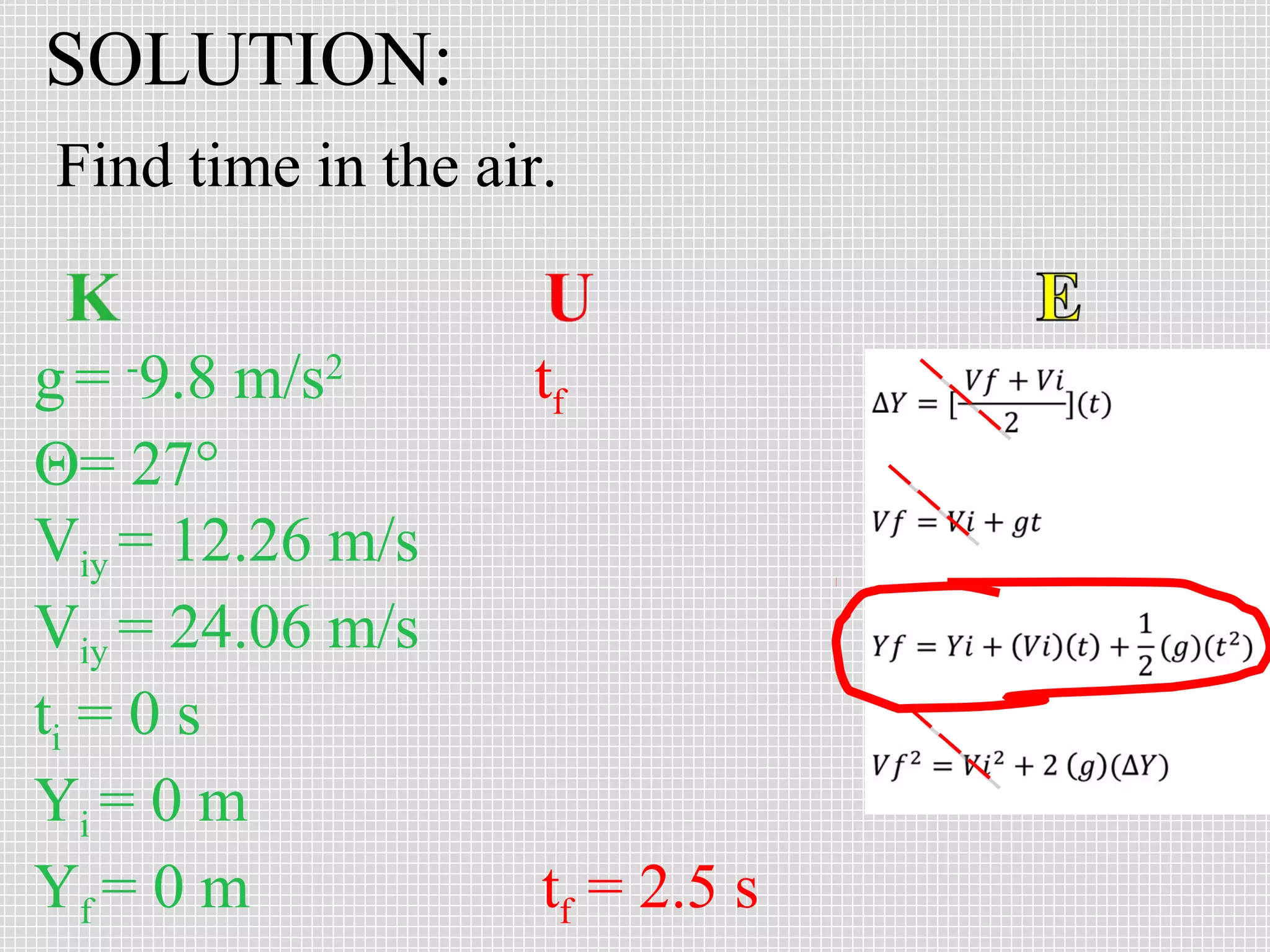 SOLUTION:
Find time in the air.
g = -9.8 m/s2
Θ= 27°
Viy = 12.26 m/s
Viy = 24.06 m/s
ti = 0 s
Yi = 0 m
Yf = 0 m

tf

tf = 2.5 s

 