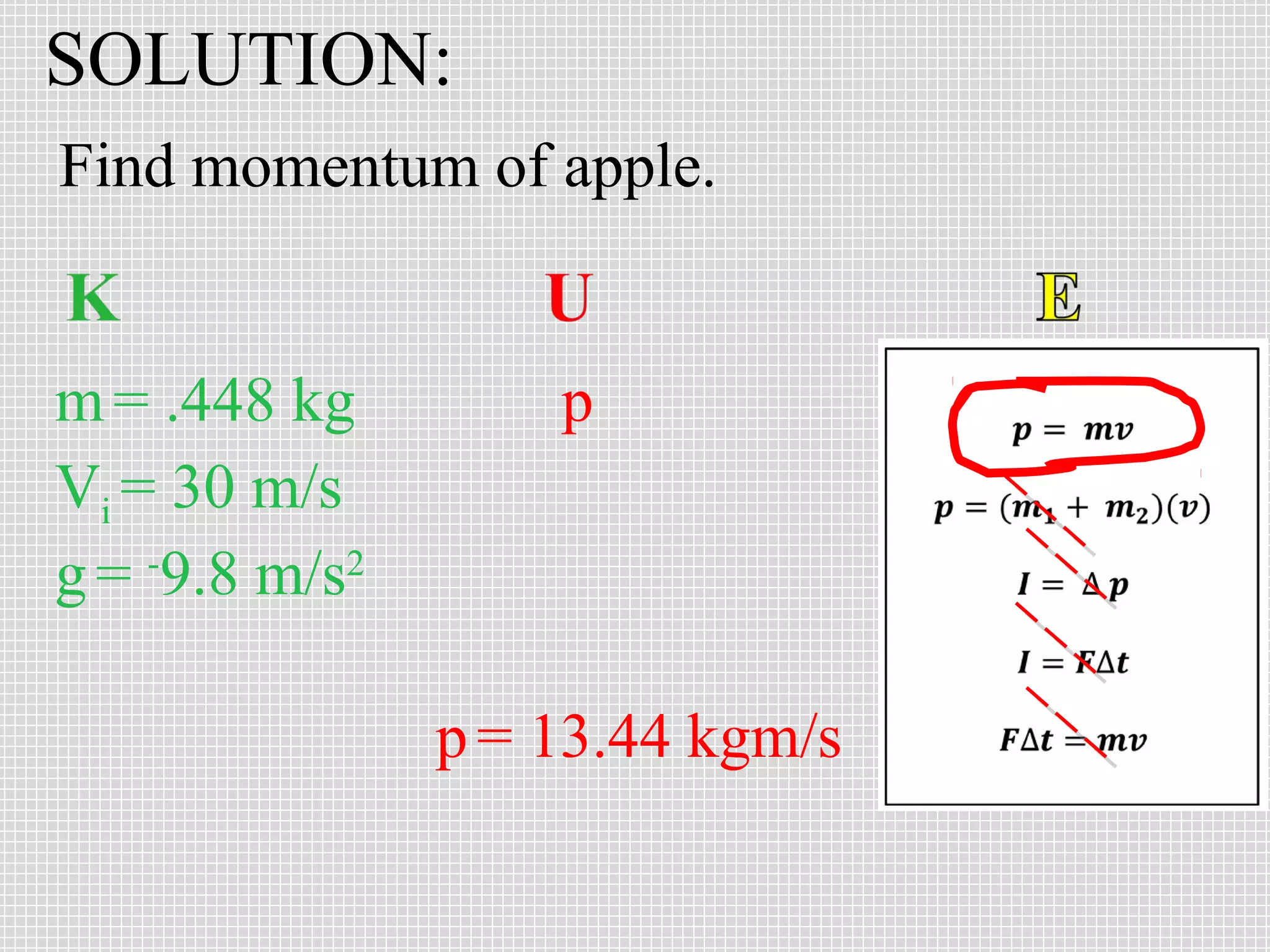 SOLUTION:
Find momentum of apple.

m = .448 kg
Vi = 30 m/s
g = -9.8 m/s2

p

p = 13.44 kgm/s

 