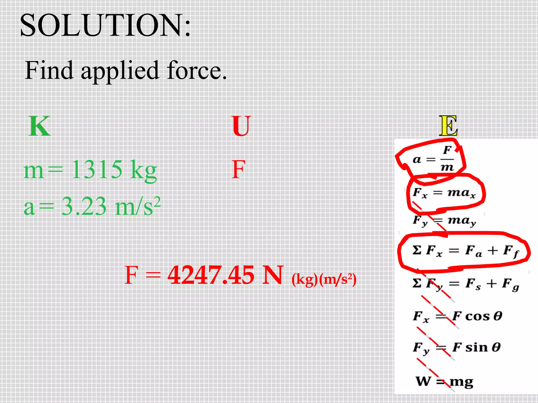 SOLUTION:
Find applied force.

m = 1315 kg
a = 3.23 m/s2

F

F = 4247.45 N (kg)(m/s )
2

 