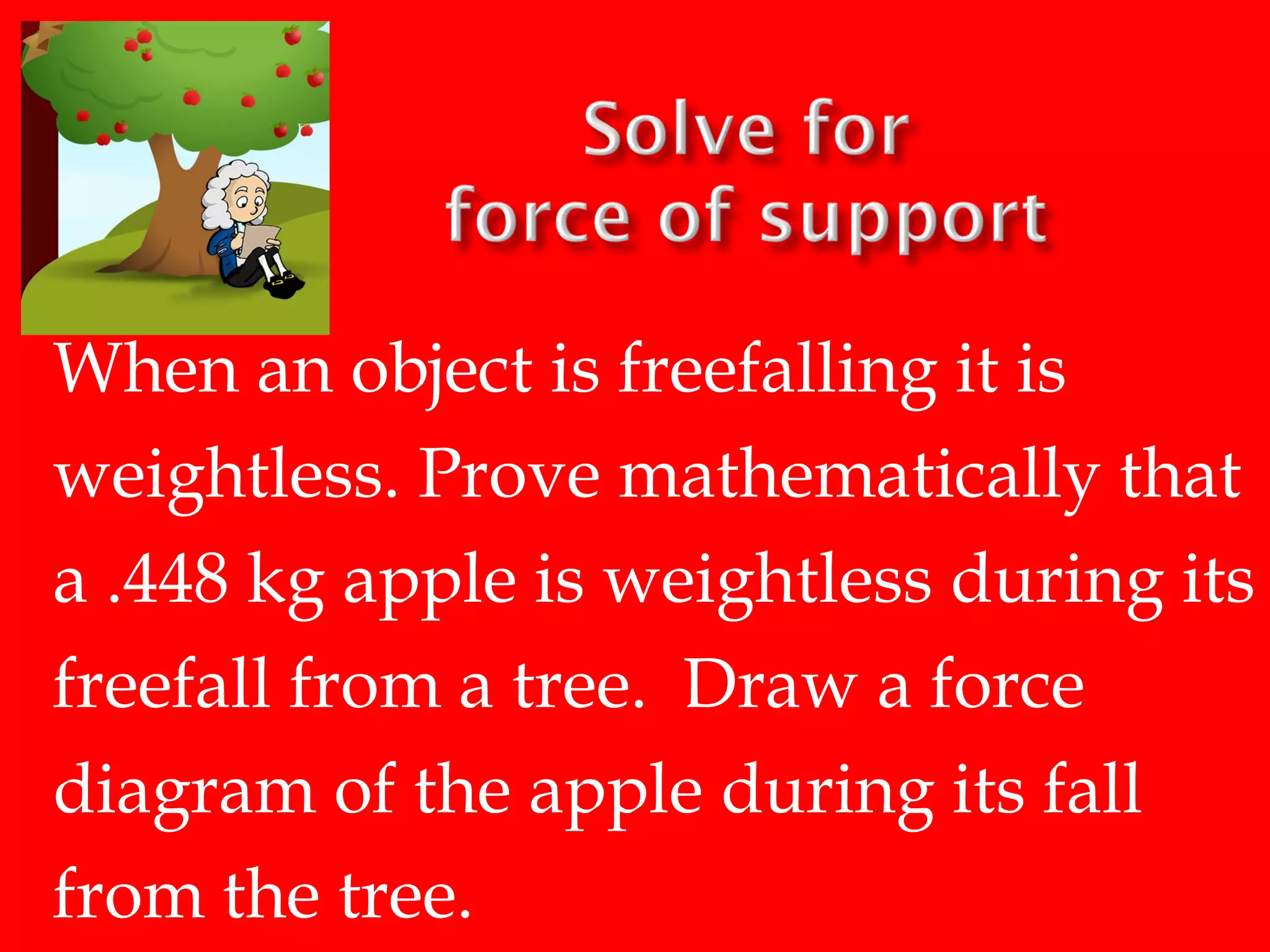 When an object is freefalling it is
weightless. Prove mathematically that
a .448 kg apple is weightless during its
freefall from a tree. Draw a force
diagram of the apple during its fall
from the tree.

 