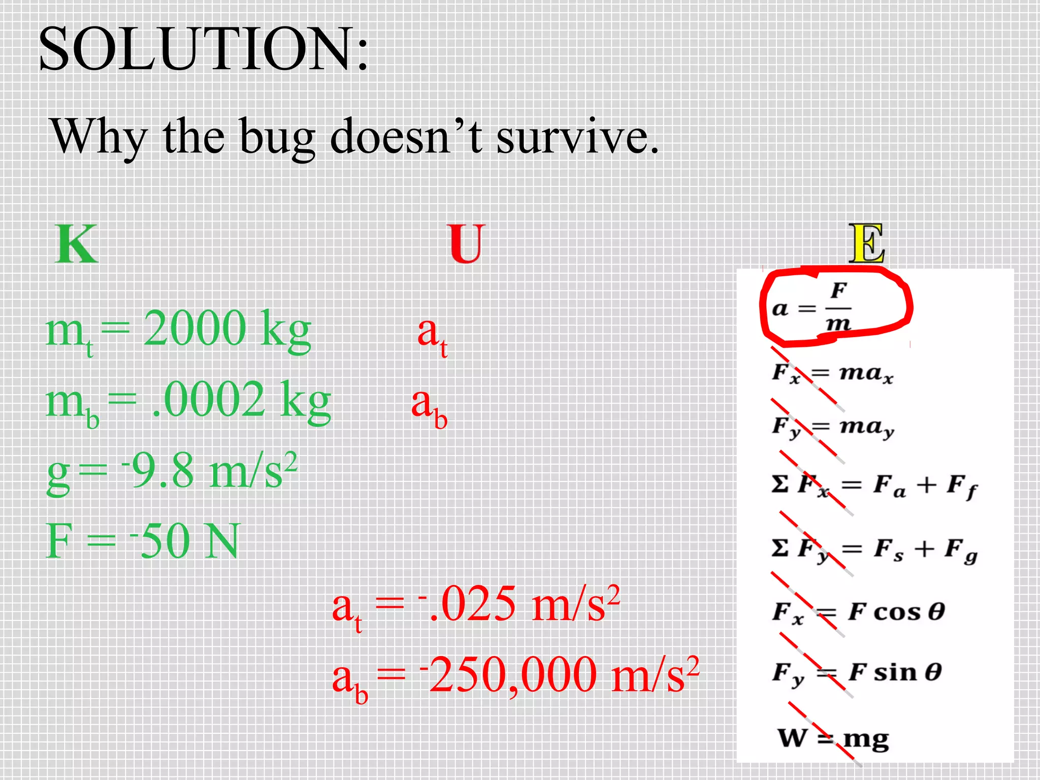 SOLUTION:
Why the bug doesn’t survive.

mt = 2000 kg
at
mb = .0002 kg
ab
g = -9.8 m/s2
F = -50 N
at = -.025 m/s2
ab = -250,000 m/s2

 