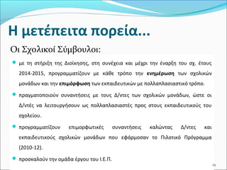 Η μετέπειτα πορεία...
Οι Σχολικοί Σύμβουλοι:
 με τη στήριξη της Διοίκησης, στη συνέχεια και μέχρι την έναρξη του σχ. έτους

2014-2015, προγραμματίζουν με κάθε τρόπο την ενημέρωση των σχολικών
μονάδων και την επιμόρφωση των εκπαιδευτικών με πολλαπλασιαστικό τρόπο.
 πραγματοποιούν συναντήσεις με τους Δ/ντες των σχολικών μονάδων, ώστε οι

Δ/ντές να λειτουργήσουν ως πολλαπλασιαστές προς στους εκπαιδευτικούς του
σχολείου.
 προγραμματίζουν

επιμορφωτικές

συναντήσεις

καλώντας

Δ/ντες

και

εκπαιδευτικούς σχολικών μονάδων που εφάρμοσαν το Πιλοτικό Πρόγραμμα
(2010-12).
 προσκαλούν την ομάδα έργου του Ι.Ε.Π.

19

 
