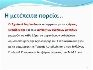 Η μετέπειτα πορεία...
Οι Σχολικοί Σύμβουλοι σε συνεργασία με τους Δ/ντες
Εκπαίδευσης και τους Δ/ντες των σχολικών μονάδων
μπορούν, σε κάθε Δήμο, να οργανώνουν εκδηλώσεις
δημοσιοποίησης της Αξιολόγησης του Εκπαιδευτικού Έργου
με τη συμμετοχή της Τοπικής Αυτοδιοίκησης, των Συλλόγων
Γονέων & Κηδεμόνων, διαφόρων φορέων, των Μ.Μ.Ε. κτλ.

20

 