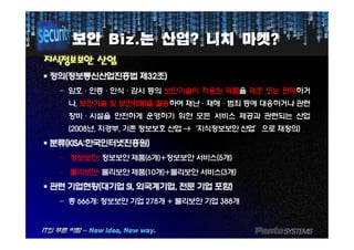보안보안 Biz.Biz.는는 산업산업?? 니치니치 마켓마켓??
지식정보보안지식정보보안 산업산업
§§ 정의정의((정보통신산업진흥법정보통신산업진흥법 제제3232조조))
− 암호·인증·인식·감시 등의 보안기술이 적용된 제품을 제조 또는 판매하거
나, 보안기술 및 보안제품을 활용하여 재난·재해·범죄 등에 대응하거나 관련
장비·시설을 안전하게 운영하기 위한 모든 서비스 제공과 관련되는 산업
(2008년, 지경부, 기존 정보보호 산업 →‘지식정보보안 산업’으로 재정의)(2008년, 지경부, 기존 정보보호 산업 →‘지식정보보안 산업’으로 재정의)
§§ 분류분류(KISA(KISA::한국인터넷진흥원한국인터넷진흥원))
− 정보보안: 정보보안 제품(6개)+정보보안 서비스(5개)
− 물리보안: 물리보안 제품(10개)+물리보안 서비스(3개)
§§ 관련관련 기업현황기업현황((대기업대기업 SISI,, 외국계기업외국계기업,, 전문전문 기업기업 포함포함))
− 총 666개: 정보보안 기업 278개 + 물리보안 기업 388개
 