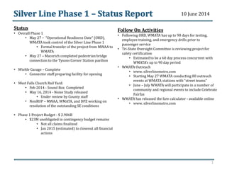 Status
• Overall Phase 1
• May 27 – “Operational Readiness Date” (ORD),
WMATA took control of the Silver Line Phase 1
• Fo...