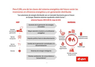 Para E.ON, una de las claves del sistema energético del futuro serán las
inversiones en eficiencia energética y en generación distribuida
"Las soluciones de energía distribuida son un mercado fascinante para el futuro
en Europa. Nosotros estamos ayudando a darle forma ".
Johannes Teyssen, CEO E.ON SE, mayo de 2013
HOY
Aumento de la generación de energías
renovables
Mayor atención al precio y a la eficiencia
energética
MAÑANA
Consumidores
Grandes
centrales de
generación
6
energética
Impulso político hacia la descarbonización
Cambio de la generación centralizada a la
descentralización
Sistemas de energía inteligente
Clientes cambiantes: de consumidores a
"prosumidores"
Generación
renovable /
distribuida
Consumidores
Almacenamiento
a pequeña escala
Power to gas
Grandes centrales
de generación
Micro/Mini
cogeneración
generación
Red de
transporte
Red de
distribución
Clientes
 