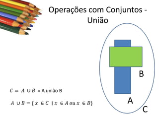 Operações com Conjuntos União

B
𝐶 = 𝐴 ∪ 𝐵 = A união B
𝐴 ∪ 𝐵 = { 𝑥 ∈ 𝐶 ∣ 𝑥 ∈ 𝐴 𝑜𝑢 𝑥 ∈ 𝐵}

A

C

 