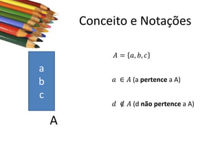 Conceito e Notações
𝐴 = 𝑎, 𝑏, 𝑐

a
b
c

𝑎 ∈ 𝐴 (a pertence a A)
/
𝑑 ∈ 𝐴 (d não pertence a A)

A

 