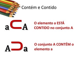 Contém e Contido

⊂A
A⊃a
a

O elemento a ESTÁ
CONTIDO no conjunto A

O conjunto A CONTÉM o
elemento a

 