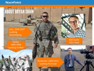 ABOUT BRYAN SHAW
Alaska:	
  
2006-­‐2009	
  
Looking	
  Uniﬁed	
  
Iraq : 2006-2007
Looking
Intimidating
Rochester:	
  2009-­‐2011	
  
Looking	
  Technical	
  
Dell	
  Aus?n	
  
2011-­‐Now	
  
 