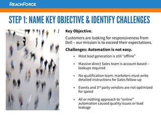 STEP 1: NAME KEY OBJECTIVE & IDENTIFY CHALLENGES
Key Objective.
Customers are looking for responsiveness from
Dell – our mission is to exceed their expectations.
Challenges: Automation is not easy.
§  Most lead generation is still “oﬀline”
§  Massive direct Sales team is account-based –
lookups required
§  No qualification team: marketers must write
detailed instructions for Sales follow-up
§  Events and 3rd party vendors are not optimized
for speed
§  All or nothing approach to “online”
automation caused quality issues or lead
leakage
 