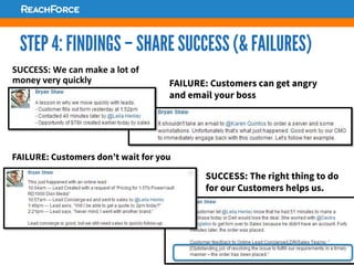 19	
  
STEP 4: FINDINGS – SHARE SUCCESS (& FAILURES)
SUCCESS:	
  We	
  can	
  make	
  a	
  lot	
  of	
  
money	
  very	
  quickly	
  
FAILURE: Customers don’t wait for you
FAILURE: Customers can get angry
and email your boss
SUCCESS: The right thing to do
for our Customers helps us.
 