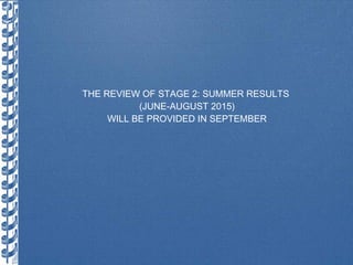 THE REVIEW OF STAGE 2: SUMMER RESULTS
(JUNE-AUGUST 2015)
WILL BE PROVIDED IN SEPTEMBER
 