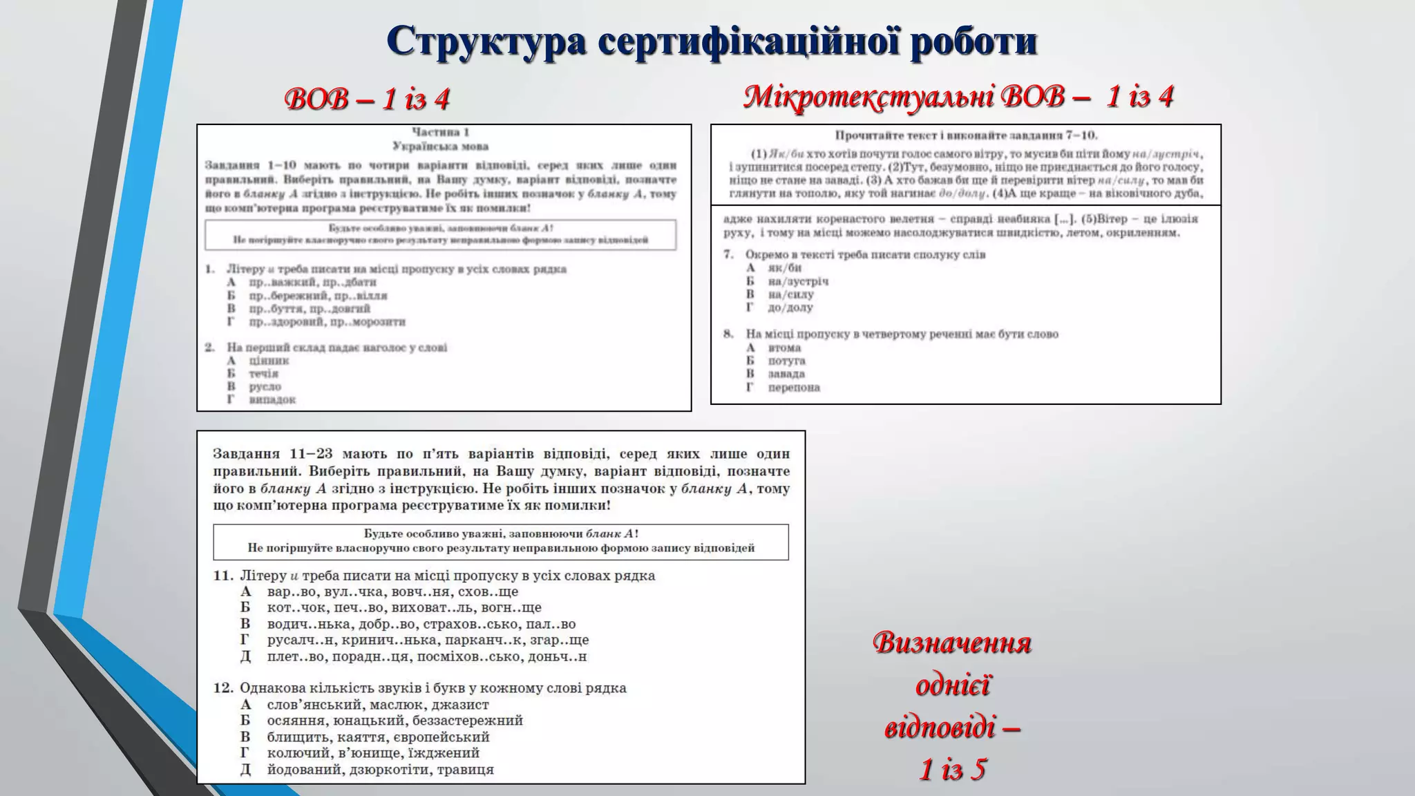 Структура сертифікаційної роботи
ВОВ – 1 із 4 Мікротекстуальні ВОВ – 1 із 4
Визначення
однієї
відповіді –
1 із 5
 