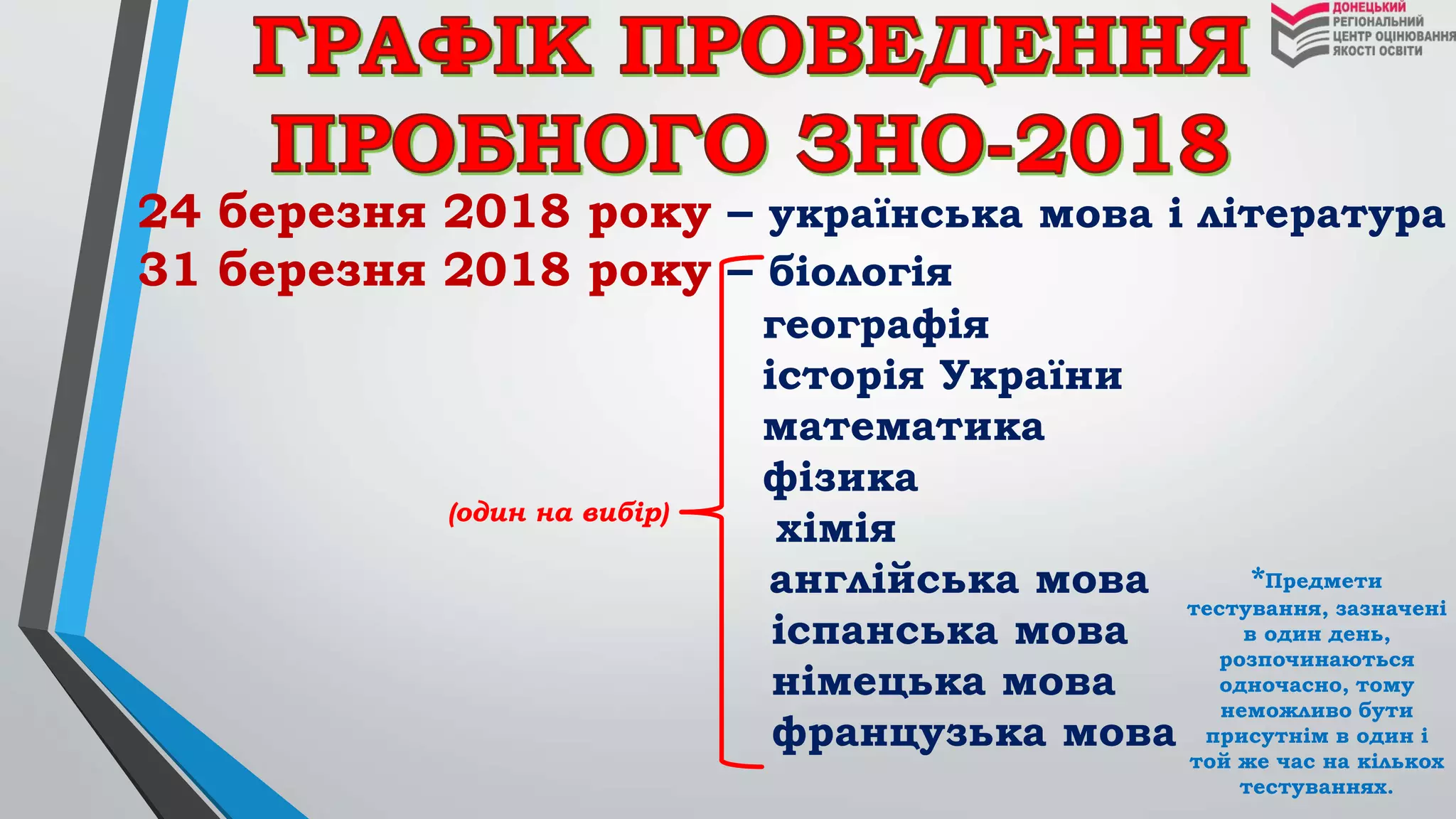 24 березня 2018 року – українська мова і література
31 березня 2018 року – біологія
географія
історія України
математика
фізика
хімія
англійська мова
іспанська мова
німецька мова
французька мова
*Предмети
тестування, зазначені
в один день,
розпочинаються
одночасно, тому
неможливо бути
присутнім в один і
той же час на кількох
тестуваннях.
(один на вибір)
 