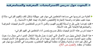 4
-
‫والميتامعرفية‬ ‫المعرفية‬ ‫االستراتيجيات‬ ‫تدريس‬ ‫حول‬ ‫البحوث‬

)‫مثال؛‬ ،‫ي‬‫القرائ‬ ‫م‬‫(الفه‬ ‫كاف‬ ‫ل‬‫بشك‬ ‫ة‬‫ل‬َ
‫ك‬‫مهي‬ ‫ر‬‫غي‬ ‫مهام‬ ‫ي‬‫ف‬ ‫ن‬‫المتعلمي‬ ‫اعدة‬‫مس‬ ‫ي‬‫ه‬ ‫ها‬‫تدريس‬ ‫ن‬‫م‬ ‫ة‬‫الغاي‬
.)...‫األساسية‬ ‫الفكرة‬ ‫إيجاد‬ ،‫المقارنة‬ ،‫(التلخيص‬ ‫إلنجازها‬ ‫واضحة‬ ‫خطوات‬ ‫تغيب‬ ‫حيث‬
•
‫ة‬ ‫المعرفي‬ ‫تراتيجيات‬ ‫االس‬ ‫ن‬ ‫للمتعلمي‬ ‫ندرس‬ ‫ال‬ ‫ن‬ ‫ولك‬ ،‫م‬ ‫الفه‬ ‫م‬ ‫لتقوي‬ ‫ئلة‬ ‫أس‬ ‫طرح‬ ‫ى‬ ‫عل‬ ‫ا‬ ‫تعودن‬ ‫د‬ ‫فق‬
.‫األسئلة‬ ‫هذه‬ ‫على‬ ‫لإلجابة‬ ‫والميتامعرفية‬
•
‫القرائي؛‬ ‫الفهم‬ ‫في‬ ‫المتعلمين‬ ‫أداء‬ ‫يتحسن‬ ‫صريح‬ ‫بشكل‬ ‫االستراتيجيات‬ ‫هاته‬ ‫تدرس‬ ‫حينما‬
•
‫ث‬ ‫حي‬ ،‫ا‬ ‫م‬ ‫مجال‬ ‫ي‬ ‫ف‬ ‫براء‬ ‫الخ‬ ‫اشتغال‬ ‫ة‬ ‫طريق‬ ‫حول‬ ‫أنجزت‬ ‫ي‬ ‫الت‬ ‫األعمال‬ ‫ن‬ ‫م‬ ‫ل‬ ‫ينه‬ ‫ي‬ ‫البحث‬ ‫المجال‬ ‫هذا‬
‫االستراتيجيات‬ ‫هذه‬ ‫تجميع‬ ‫وتم‬ .‫مشكلة‬ ‫حل‬ ‫أو‬ ‫ما‬ ‫مهمة‬ ‫إنجاز‬ ‫أثناء‬ ‫مرتفع‬ ‫بصوت‬ ‫الحديث‬ ‫منهم‬ ‫يطلب‬
‫غير‬ ‫مهام‬ ‫مع‬ ‫التعامل‬ ‫في‬ ‫خصوصا‬ ،‫المتعلمون‬ ‫ليوظفها‬ ‫منظمة‬ ‫وخطوات‬ ‫إرشادية‬ ‫إجراءات‬ ‫شكل‬ ‫في‬
‫معقدة‬ ‫أو‬ ‫منظمة‬
‫ص‬ ‫(الجدول‬ .
17
.)
 