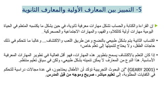 5
-
‫الثانوية‬ ‫والمعارف‬ ‫األولية‬ ‫المعارف‬ ‫بين‬ ‫التمييز‬

‫الحياة‬ ‫في‬ ‫المتعلم‬ ‫يكتسبه‬ ‫ما‬ ‫يشكل‬ ‫حين‬ ‫في‬ ،‫ثانوية‬ ‫معرفية‬ ‫مهارات‬ ‫تشكل‬ ‫والحساب‬ ‫والكتابة‬ ‫القراءة‬ ‫إن‬
‫والحسحركية‬ ‫االجتماعية‬ ‫والمهارات‬ ،‫والفهم‬ ،‫كالكالم‬ ‫أولية‬ ‫مهارات‬ ‫اليومية‬
...
•
‫ذلك‬ ‫في‬ ‫تتحكم‬ ‫ما‬ ‫وغالبا‬ ...‫واالكتشاف‬ ‫اللعب‬ ‫طريق‬ ‫وعن‬ ‫بالنضج‬ ‫طبيعي‬ ‫بشكل‬ ‫يتم‬ ‫الثانية‬ ‫اكتساب‬
‫خاص؛‬ ‫تعلم‬ ‫إلى‬ ‫لتنميتها‬ ‫يحتاج‬ ‫وال‬ ،‫الطفل‬ ‫حاجات‬
•
‫المعرفية‬ ‫المهارات‬ ‫تطوير‬ ‫في‬ ‫فعالية‬ ‫أقل‬ ‫فهو‬ ،‫المهارات‬ ‫هذه‬ ‫بتطوير‬ ‫يسمح‬ ‫باالكتشاف‬ ‫التعلم‬ ‫كان‬ ‫إذا‬
.‫منتظم‬ ‫تعليم‬ ‫سياق‬ ‫في‬ ‫ولكن‬ ،‫طبيعي‬ ‫بشكل‬ ‫تنميته‬ ‫يمكن‬ ‫ال‬ ‫المعارف‬ ‫من‬ ‫النوع‬ ‫هذا‬ .‫األساسية‬
•
(
GEARY 2001
‫للتحكم‬ ‫دراسية‬ ‫مجاالت‬ ‫عدة‬ ‫في‬ ،‫يحتاجون‬ ‫األطفال‬ ‫أن‬ ‫تؤكد‬ ‫التجريبية‬ ‫البحوث‬ ‫"إن‬ )
‫إلى‬ ،‫المطلوبة‬ ‫الكفايات‬ ‫في‬
‫المدرس‬ ‫قبل‬ ‫من‬ ‫وموجه‬ ‫صريح‬ ،‫مباشر‬ ‫تعليم‬
.
 