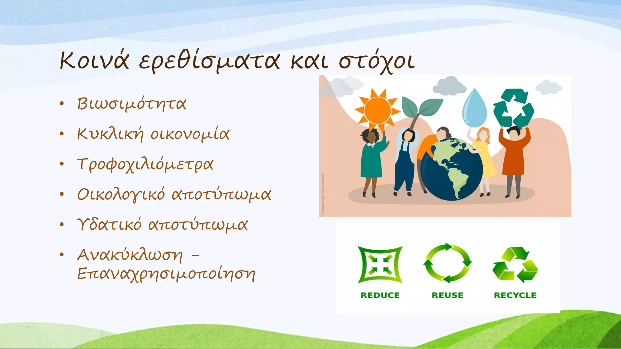 Κοινά ερεθίσματα και στόχοι
• Βιωσιμότητα
• Κυκλική οικονομία
• Τροφοχιλιόμετρα
• Οικολογικό αποτύπωμα
• Υδατικό αποτύπωμα
• Ανακύκλωση -
Επαναχρησιμοποίηση
 