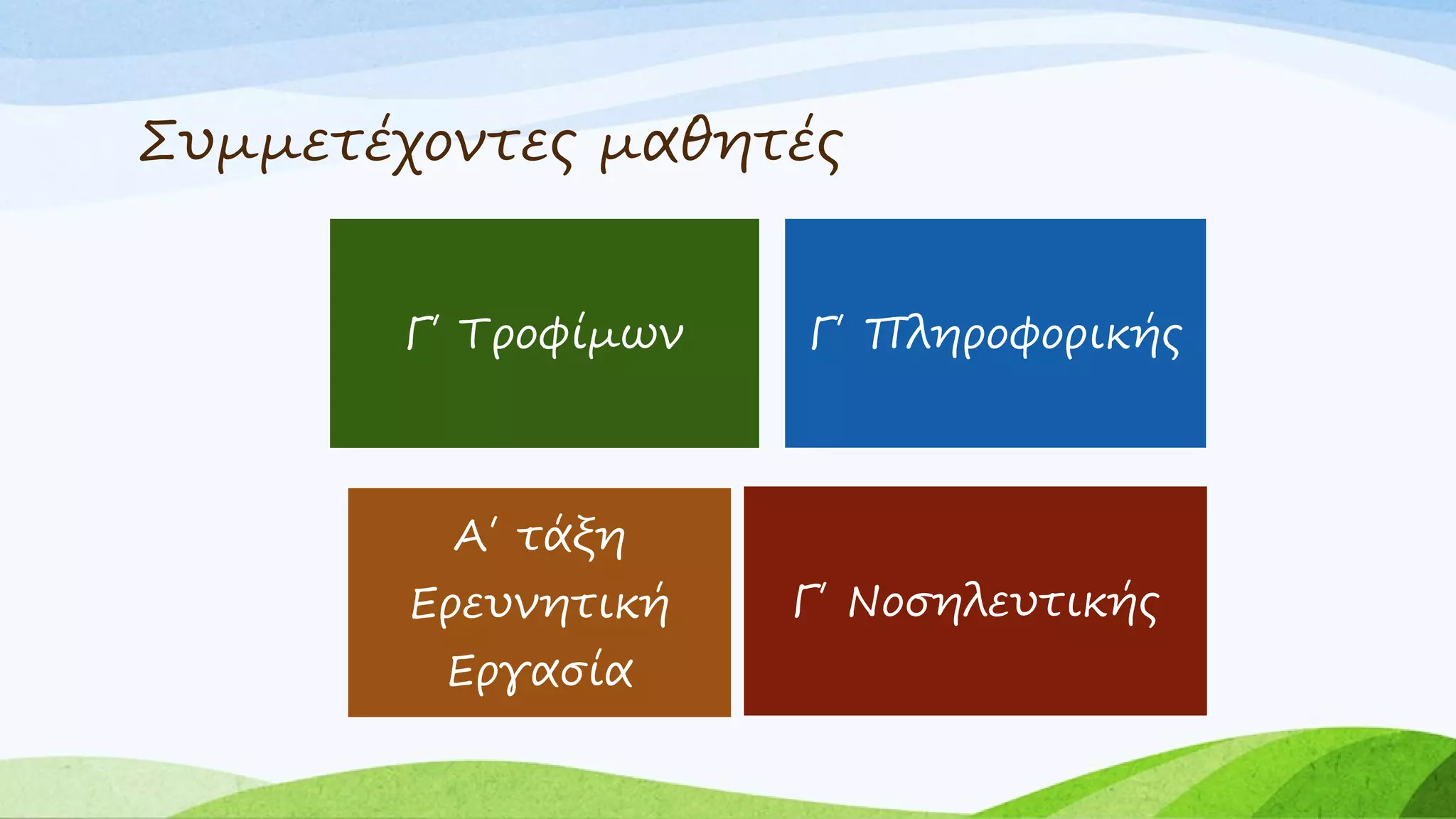 Συμμετέχοντες μαθητές
Γ΄ Νοσηλευτικής
Γ΄ Τροφίμων
Α΄ τάξη
Ερευνητική
Εργασία
Γ΄ Πληροφορικής
 