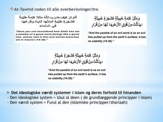 At-Tawhid roden til alle overbevisninger/tro
 Det ideologiske værdi systemer i islam og deres forhold til hinanden
- Den ideologiske system = Usul al deen ( de grundlæggende principper i islam)
- Den værdi system = Furul al den (islamiske principper/shariaah)
 