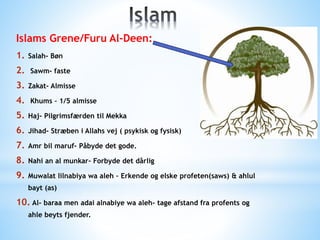 Islams Grene/Furu Al-Deen:
1. Salah- Bøn
2. Sawm- faste
3. Zakat- Almisse
4. Khums – 1/5 almisse
5. Haj- Pilgrimsfærden til Mekka
6. Jihad- Stræben i Allahs vej ( psykisk og fysisk)
7. Amr bil maruf- Påbyde det gode.
8. Nahi an al munkar- Forbyde det dårlig
9. Muwalat lilnabiya wa aleh – Erkende og elske profeten(saws) & ahlul
bayt (as)
10. Al- baraa men adai alnabiye wa aleh- tage afstand fra profents og
ahle beyts fjender.
 