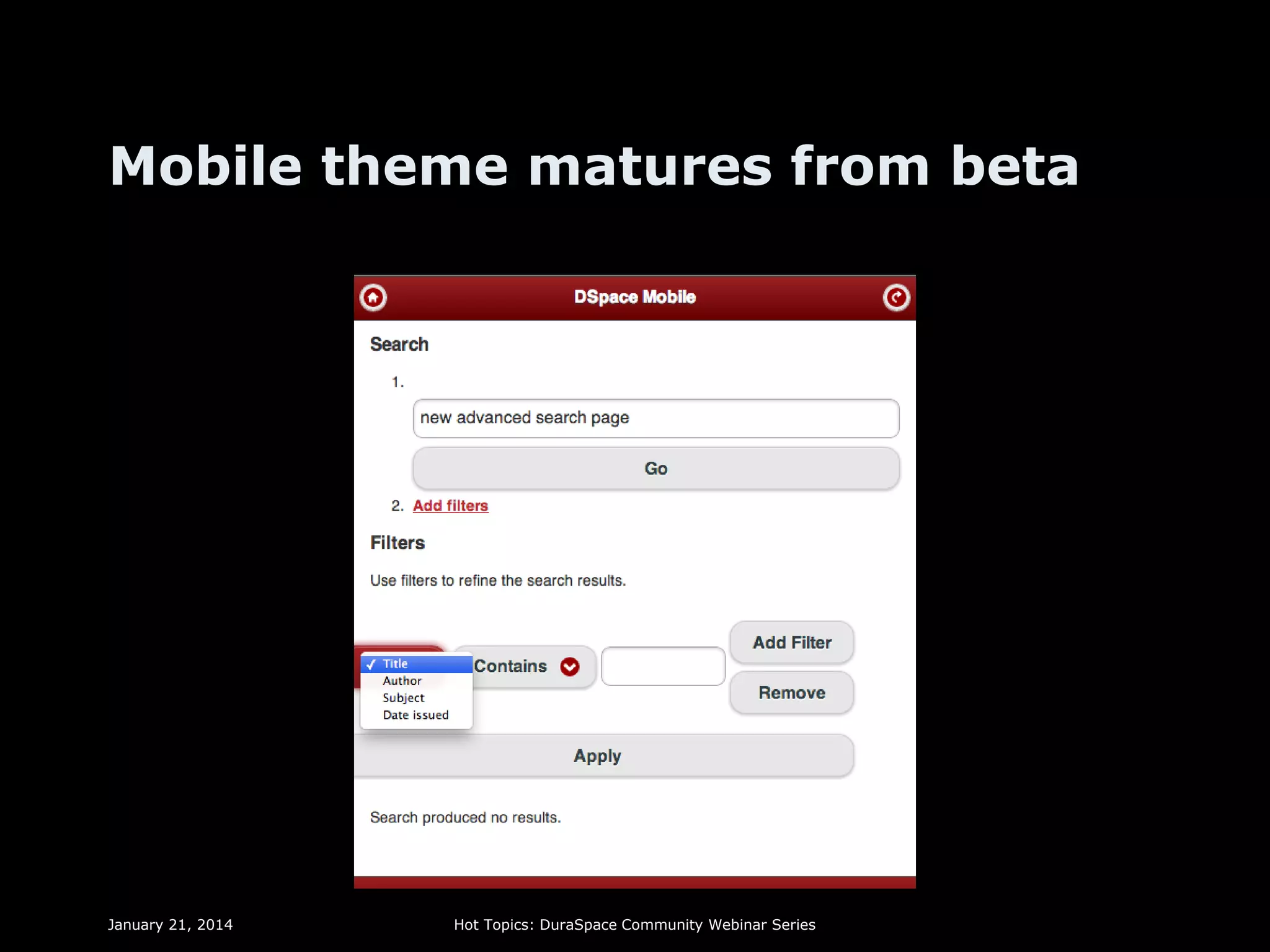 Mobile theme matures from beta

January 21, 2014

Hot Topics: DuraSpace Community Webinar Series

 