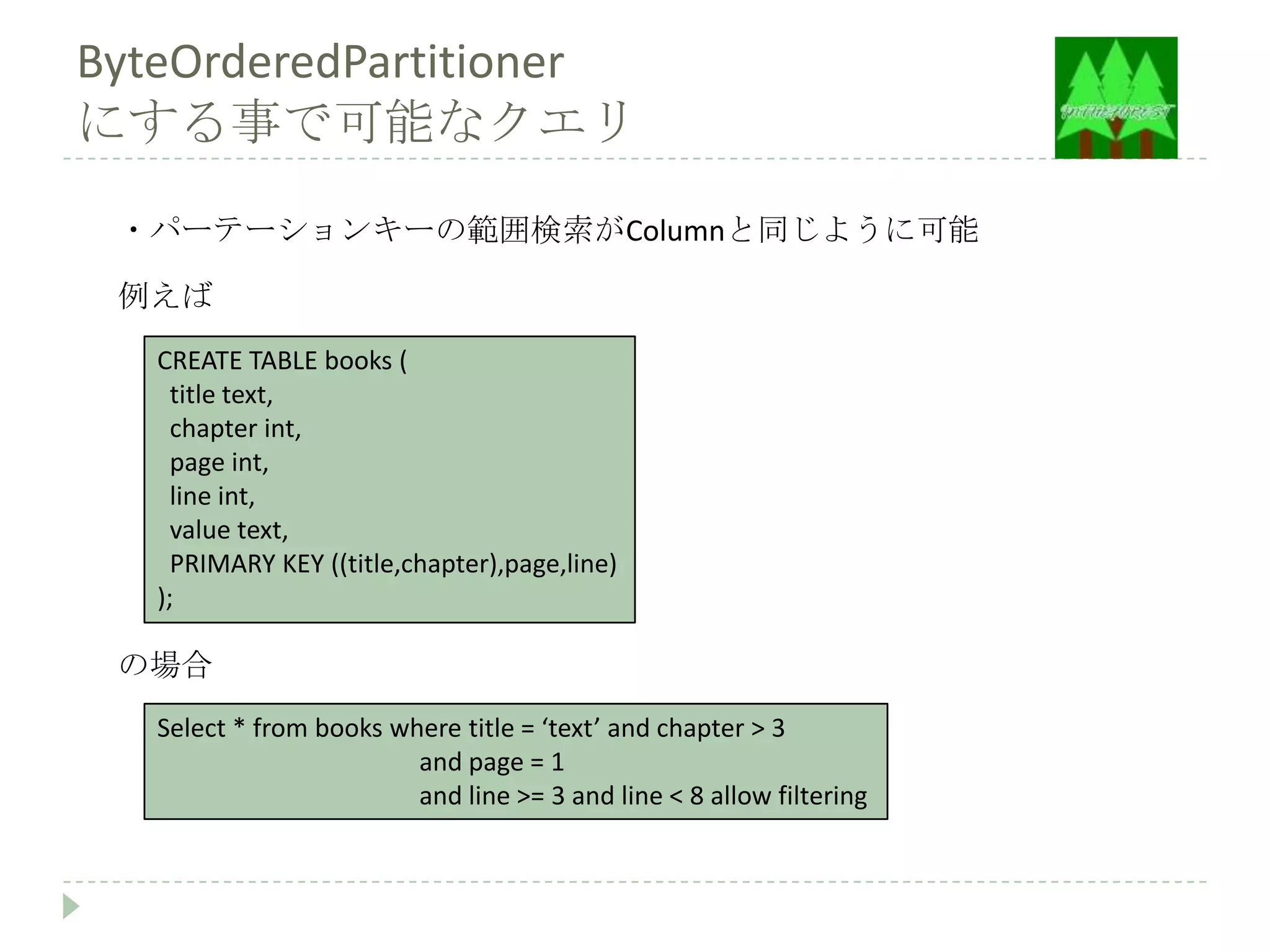 ByteOrderedPartitioner
にする事で可能なクエリ
 ・パーテーションキーの範囲検索がColumnと同じように可能

 例えば
   CREATE TABLE books (
     title text,
     chapter int,
     page int,
     line int,
     value text,
     PRIMARY KEY ((title,chapter),page,line)
   );

 の場合
   Select * from books where title = ‘text’ and chapter > 3
                         and page = 1
                         and line >= 3 and line < 8 allow filtering
 