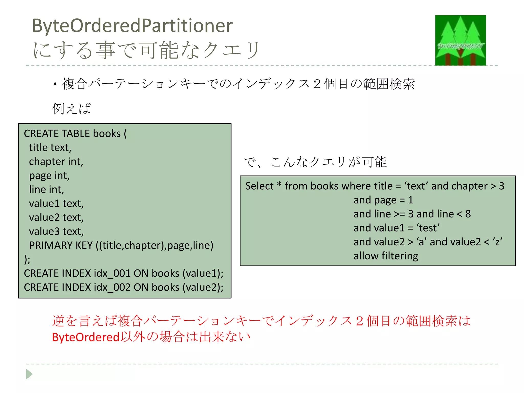 ByteOrderedPartitioner
 にする事で可能なクエリ
     ・複合パーテーションキーでのインデックス２個目の範囲検索
     例えば
CREATE TABLE books (
  title text,
  chapter int,                              で、こんなクエリが可能
  page int,
  line int,                                 Select * from books where title = ‘text’ and chapter > 3
  value1 text,                                                    and page = 1
  value2 text,                                                    and line >= 3 and line < 8
  value3 text,                                                    and value1 = ‘test’
  PRIMARY KEY ((title,chapter),page,line)                         and value2 > ‘a’ and value2 < ‘z’
);                                                                allow filtering
CREATE INDEX idx_001 ON books (value1);
CREATE INDEX idx_002 ON books (value2);

     逆を言えば複合パーテーションキーでインデックス２個目の範囲検索は
     ByteOrdered以外の場合は出来ない
 