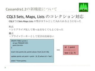Cassandra1.2の新機能について
CQL3 Sets, Maps, Lists のコレクション対応
 CQL3ではSets Maps Lists の型がカラムとして入れられるようになった

 利点
 ・シリアライズ化して突っ込まなくてもよくなった
 難点
 ・プライマリーキーとして宣言は出来ない
  CREATE TABLE points (
     id text PRIMARY KEY,
     point list<int>
  );                                                                 id | point
  insert into points (id, point) values ('test',[2,4,7,9]);
                                                                ＝   ------+--------
                                                                     test | [2, 7]
  update points set point = point - [4, 9] where id = 'test‘;

  select * from points;
 