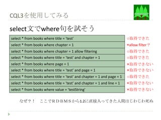 CQL3を使用してみる

select文でwhere句を試そう
select * from books where title = 'test'                                ○取得できた
select * from books where chapter = 1                                   ×allow filter？
select * from books where chapter = 1 allow filtering                   ○取得できた
select * from books where title = 'test' and chapter = 1                ○取得できた
select * from books where page = 1                                      ×取得できない
select * from books where title = 'test' and page = 1                   ×取得できない
select * from books where title = 'test' and chapter = 1 and page = 1   ○取得できた
select * from books where title = 'test' and chapter = 1 and line = 1   ×取得できない
select * from books where value = 'testString'                          ×取得できない

     なぜ？！ ここでＲＤＢＭＳから1.2に直接入ってきた人間はじわじわ死ぬ
 