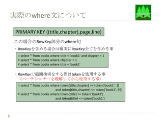 実際のwhere文について

PRIMARY KEY ((title,chapter),page,line)
この場合のRowKey部分のwhere句
・RowKeyを含める場合は確実にRowKey全てを含める事
 ○ select * from books where title = 'book1' and chapter = 1
 × select * from books where chapter = 1
 × select * from books where title = 'book1'

・RowKeyで範囲検索をする際はtokenを使用する事
 （パーテショナーを理解してから使用する事）
 ○ select * from books where token(title,chapter) >= token('book1', 1)
                         and token(title,chapter) <= token('book1', 99)
 × select * from books where token(title) >= token('book1')
                         and token(title) <= token('book1')
 