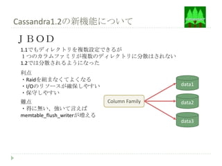 Cassandra1.2の新機能について
ＪＢＯＤ
 1.1でもディレクトリを複数設定できるが
 １つのカラムファミリが複数のディレクトリに分散はされない
 1.2では分散されるようになった
 利点
 ・Raidを組まなくてよくなる
 ・I/Oのリソースが確保しやすい                            data1
 ・保守しやすい
 難点                          Column Family   data2
 ・得に無い、強いて言えば
 memtable_flush_writerが増える
                                             data3
 